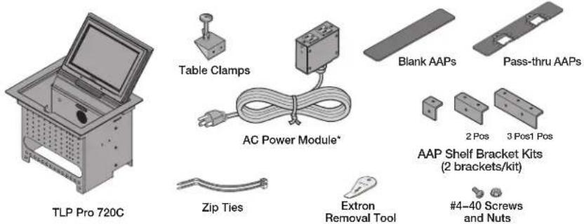 TLP Pro 720C Table Clamps AC Power Module* Zip Ties Extron Removal Tool Blank AAPs Pass-thru AAPs 2 Pos 3 Pos1 Pos AAP Shelf Bracket Kits (2 brackets/kit) #4-40 Screws and Nuts