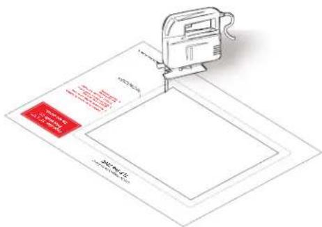 Technical diagram showing a printer printing a document with red annotations and a paper sheet below, likely illustrating a printer's printing process.