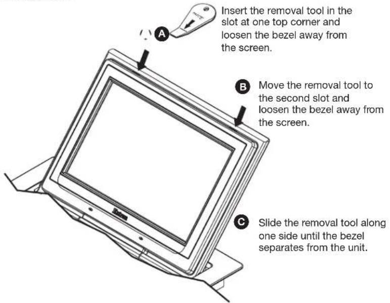 Insert the removal tool in the slot at one top corner and loosen the bezel away from the screen. Move the removal tool to the second slot and loosen the bezel away from the screen. Slide the removal tool along one side until the bezel separates from the unit.
