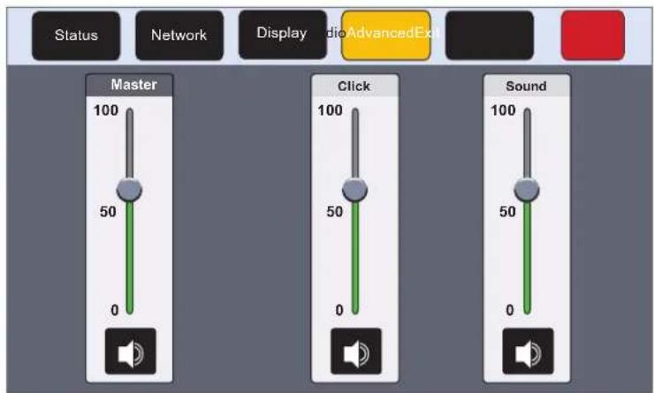 Status Network Display AudioAdvancedExit Master 100 50 0 Click 100 50 0 Sound 100 50 0