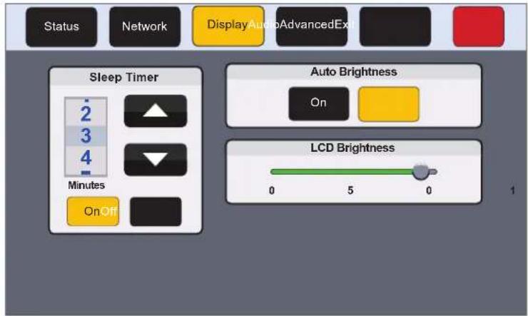 Status Network DisplayAudioAdvancedExit Sleep Timer 2 3 4 Minutes On Off Auto Brightness On LCD Brightness 0 5 0 1