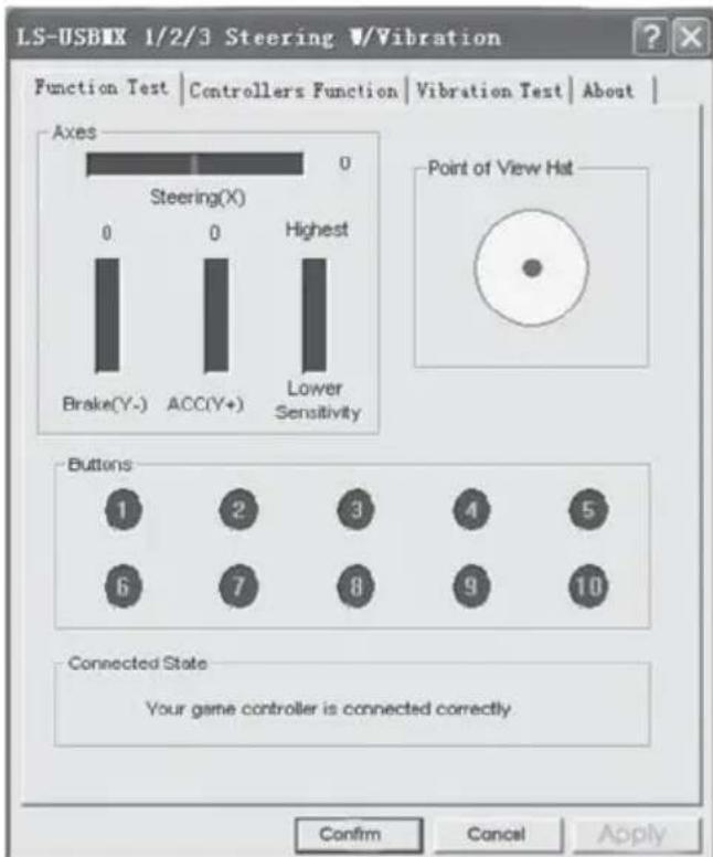 LS-USBIX 1/2/3 Steering V/Vibration Function Test | Controllers Function | Vibration Test | About | Axes 0 Steering(X) 0 0 Highest Brake(Y-) ACC(Y+) Lower Sensitivity Point of View Hat Buttons 1 2 3 4 5 6 7 8 9 10 Connected State Your game controller is connected correctly Confirm Cancel Apply