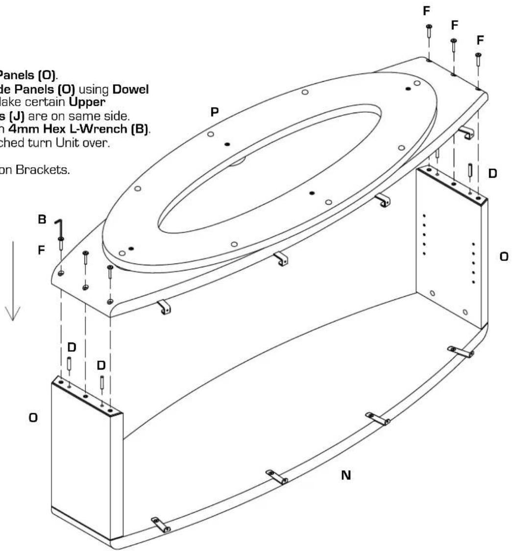 Panels (O). Side Panels (O) using Dowel make certain Upper s (J) are on same side. in 4mm Hex L-Wrench (B). ched turn Unit over. on Brackets. B F P D O D N