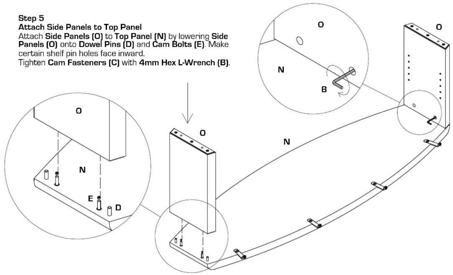 Step 5 Attach Side Panels to Top Panel Attach Side Panels (O) to Top Panel (N) by lowering Side Panels (O) onto Dowel Pins (D) and Cam Bolts (E). Make certain shelf pin holes face inward. Tighten Cam Fasteners (C) with 4mm Hex L-Wrench (B).