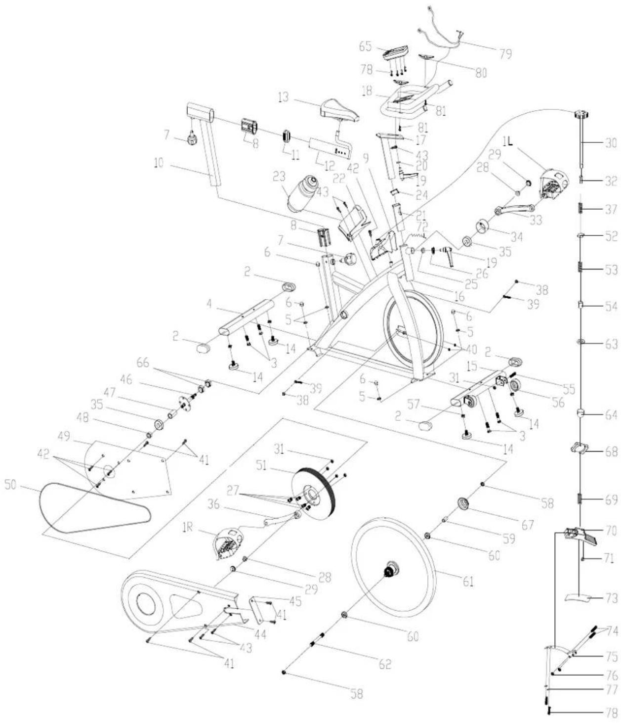 Technical diagram of a mechanical exercise machine with numbered components and exploded view