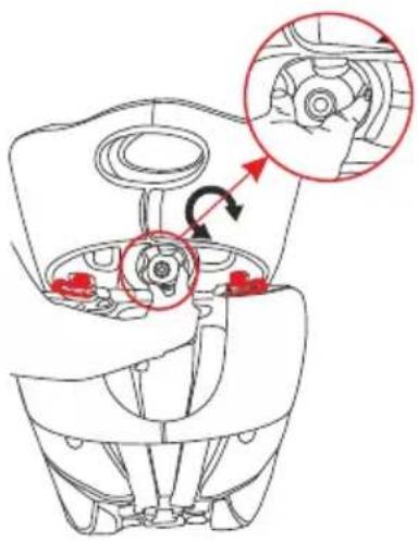 Technical diagram of a mechanical device with labeled parts and a magnified inset showing a hand operating the valve.