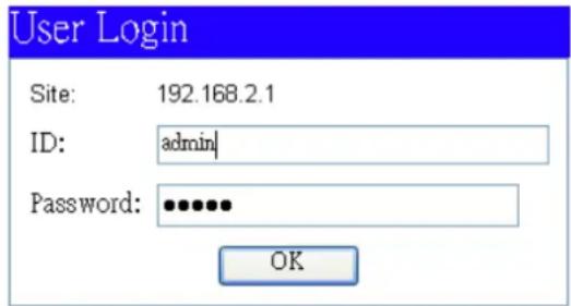 User Login Site: 192.168.2.1 ID: admin Password: •••••• OK