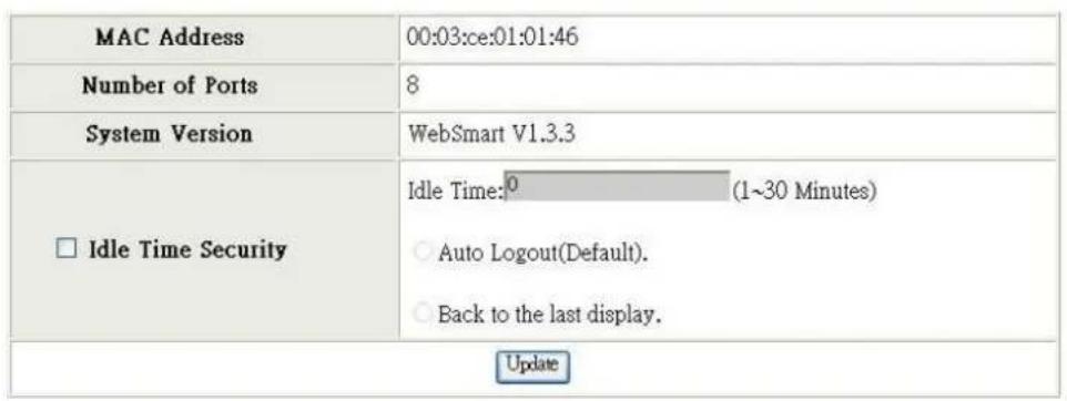 MAC Address 00:03:ce:01:01:46 Number of Ports 8 System Version WebSmart V1.3.3 □ Idle Time Security Idle Time: 0 (1~30 Minutes) ○ Auto Logout(Default). ○ Back to the last display. Update