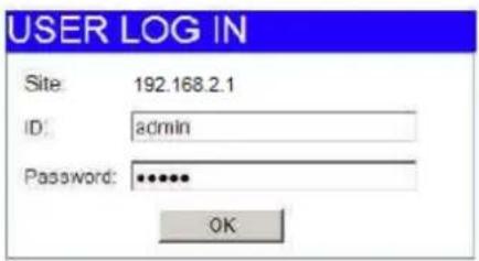 USER LOG IN Site: 192.168.2.1 ID: admin Password: ***** OK