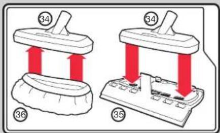 Diagram showing two mechanical press application steps with numbered components and red directional arrows indicating movement.