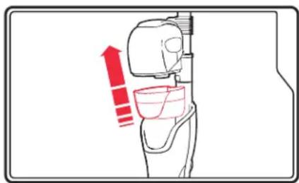 Diagram showing a mechanical device with red arrows indicating force or movement, possibly illustrating a motion or force direction.