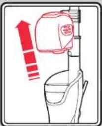 Diagram showing a toilet with a bag and a downward arrow indicating downward motion, likely illustrating a safety or safety concept.