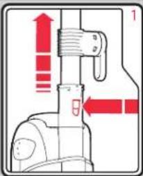 Technical diagram showing a mechanical device with red arrows indicating direction and labels 1 and 2
