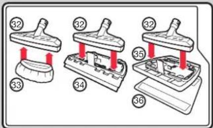 Diagram showing four steps of a mechanical press or fixture with numbered components and red directional arrows indicating motion.