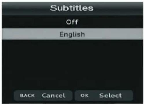 Subtitles Off English BACK Cancel OK Select