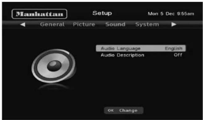 Manhattan Setup Mon 5 Dec 9:55am General Picture Sound System Audio Language English Audio Description Off OK Change