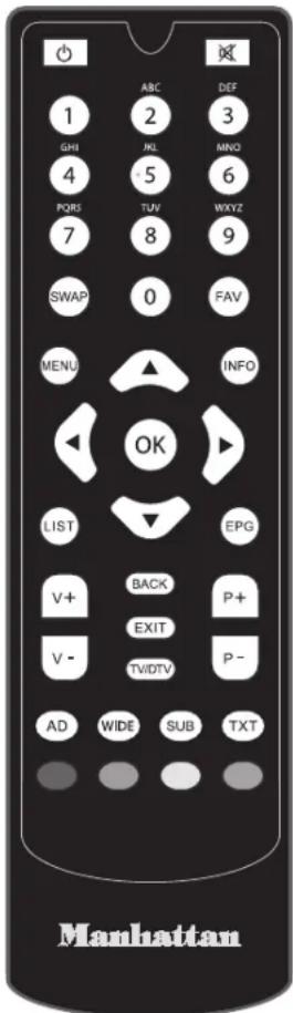 1 GHI 4 PQRS 7 SWAP MENU LIST V+ V- AD ABC 2 KL 5 TUV 0 ABC DEF 3 MND 6 WXYZ 9 FAV INFO OK EPG P+ P- TVIDTV SUB TXT Manhattan