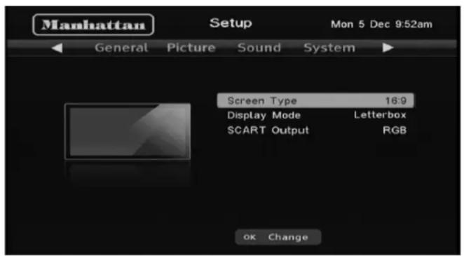 Manhattan Setup Mon 5 Dec 9:52am General Picture Sound System Screen Type 16:9 Display Mode Letterbox SCART Output RGB ok Change