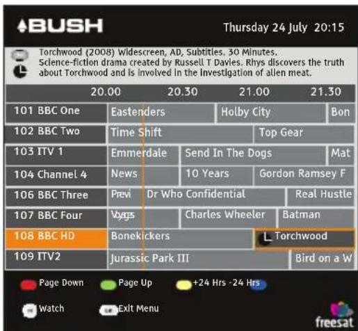 BUSH Thursday 24 July 20:15 Torchwood (2008) Widescreen, AD, Subtitles. 30 Minutes. Science-fiction drama created by Russell T Davies. Rhys discovers the truth about Torchwood and is involved in the Investigation of alien meat. 20.00 20.30 21.00 21.30 101 BBC One Eastenders Holby City Bon 102 BBC Two Time Shift Top Gear 103 ITV 1 Emmerdale Send In The Dogs Mat 104 Channel 4 News 10 Years Gordon Ramsey F 106 BBC Three Previ Dr Who Confidential Real Hustle 107 BBC Four Vogs Charles Wheeler Batman 108 BBC HD Bonekickers L Torchwood 109 ITV2 Jurassic Park III Bird on a W Page Down Page Up +24 Hrs -24 Hrs watch Exit Menu freesat