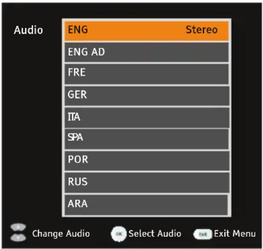 Audio ENG Stereo ENG AD FRE GER ITA SPA POR RUS ARA Change Audio Select Audio Exit Menu