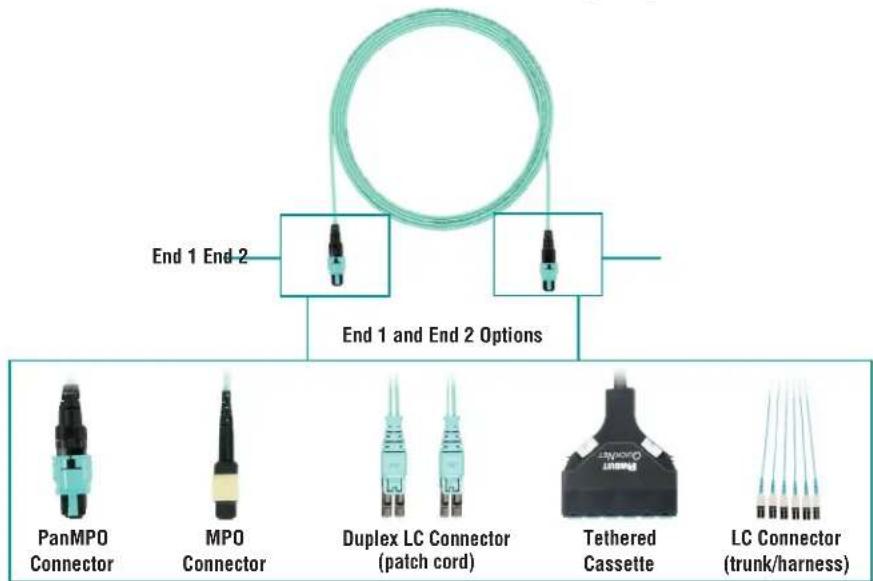 End 1 End-2 End 1 and End 2 Options PanMPO Connector MPO Connector Duplex LC Connector (patch cord) Tethered Cassette LC Connector (trunk/harness)