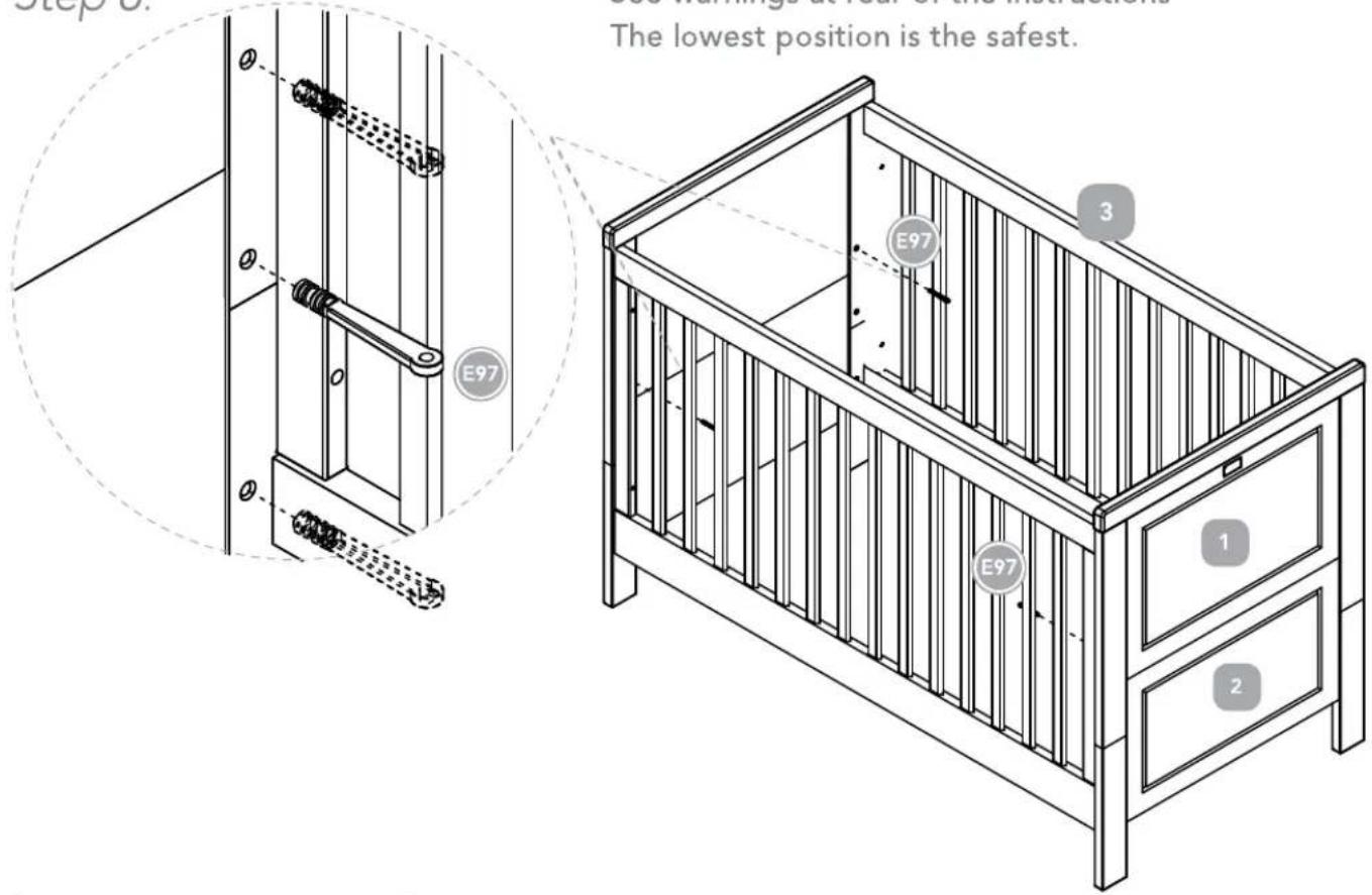 Step 6. See warnings at rear of the instructions The lowest position is the safest. E97 E97 3 1 2