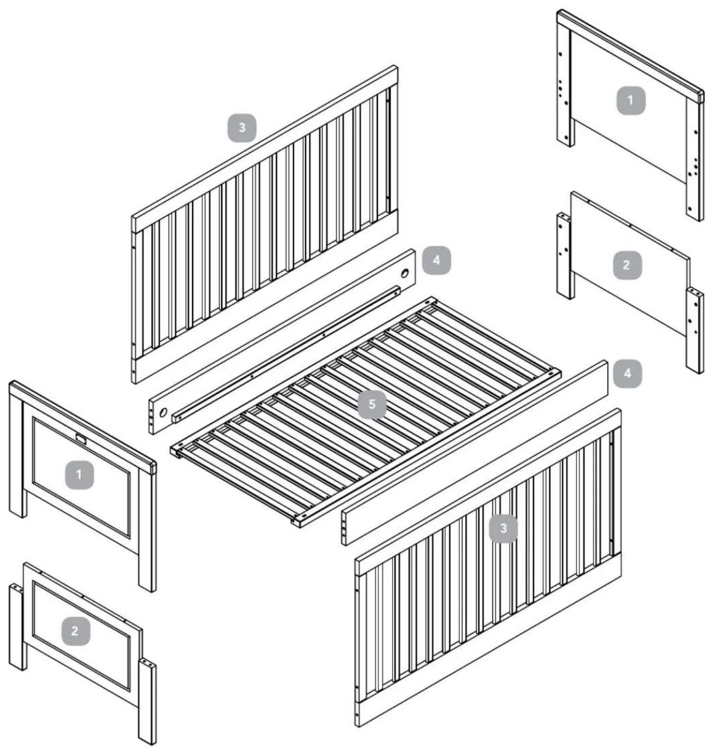 Exploded view diagram of a furniture or storage unit with numbered components for identification.