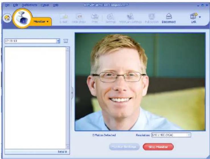 File Edit Preferences Edit Tools Help Microsoft Works am Comparison ? Monitor 07-11-13 0 Motion Detected Resolutions: 640 x 400 (VGA) Monitor Settings Stop Monitor Total 0