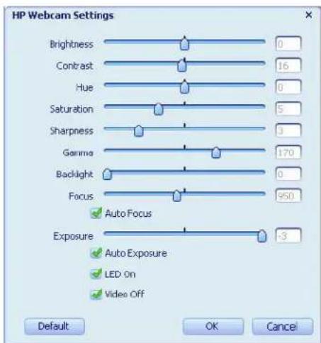 HP Webcam Settings Brightness Contrast Hue Saturation Sharpness Gamma Backlight Focus Auto Focus Exposure Auto Exposure LED On Video Off Default OK Cancel