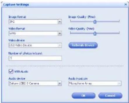 Capture Settings Image format: JPG Video format: vSN Video device: USB Video Device Number of photos inburst: 5 With Audio Audio device: Return USB 3 Camera Image Quality (Fine) Video Quality (Fine) Refresh Device Audio Input pin Microphone Array OK Cancel