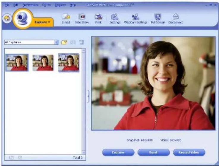 File Edit References Options Create Help Web(W) Web(W) Comparison? Capture E-mail Slide Show Print Settings Webcam Settings Full Screen Disconnect All Capture Snapshot: 640x80 Video: 640x80 Capture Barrel Record Video Total 3