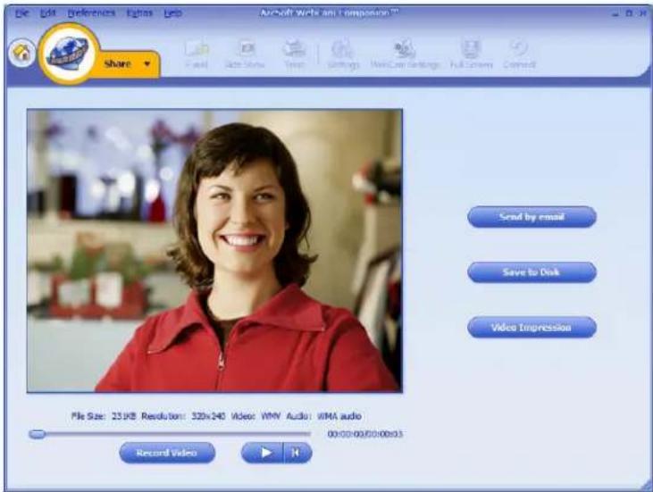 File Edit References Futures Help Microsoft Word on composition Share Send by email Save to Disk Video Impression File Size: 25 KB Resolution: 320x240 Video: WM Audio: WMA audio 00:00:00:00:00:03 Record Video