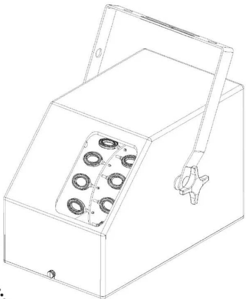 Line drawing of a mechanical device with multiple circular components and a handle (no text or symbols)