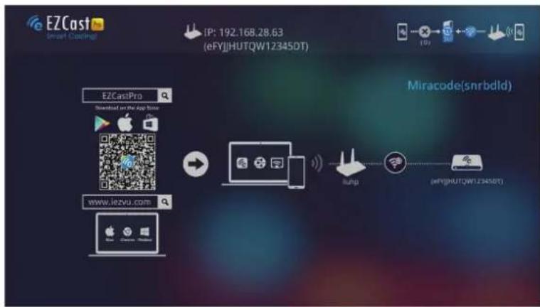 EZCast Smart Clocking! IP: 192.168.28.63 (eFY)JHUTQW12345DT) EZCastPro Download on the App Store www.iezvu.com Miracode(snrbdld) http://p.HUTQW12345DT)