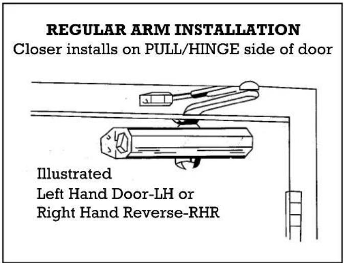 REGULAR ARM INSTALLATION Closer installs on PULL/HINGE side of door Illustrated Left Hand Door-LH or Right Hand Reverse-RHR