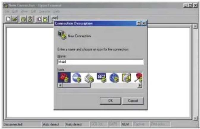 New Connection - Hyper Terminal Edit Edit View Edit Connection Help Connection Description New Connection Enter a name and choose an icon for the connection: Name: Named Icons OK Cancel Disconnected Auto detect Auto detect SCREEN CMN NAV Capture Print echo...