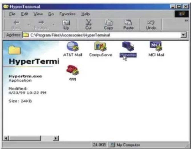 HyperTerminal File Edit View Go Favorites Help Address C:\Program Files\Accessories\HyperTerminal HyperTermi Hyperterm.exe Application Modified: 4/23/99 10:22 PM Size: 24KB AT&T Mail CompuServe Hypertim MCI Mail QQQ 24.0KB My Computer