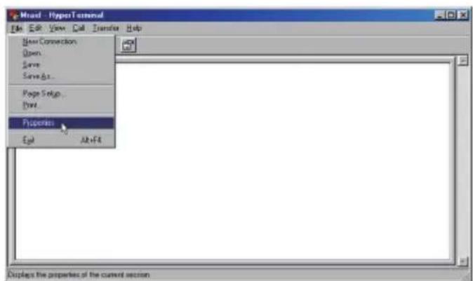 Main - HyperTerminal File Edit View Call Transfer Help New Connection Down Save Save As... Page Setup... Print... Properties Edit Alt+F8 Displays the properties of the current section.