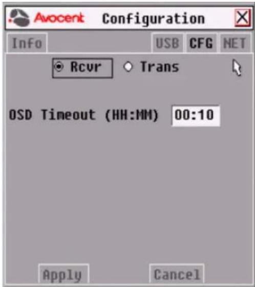 Avocent Configuration Info USB CFG NET Rcvr Trans OSD Timeout (HH:MM) 00:10 Apply Cancel