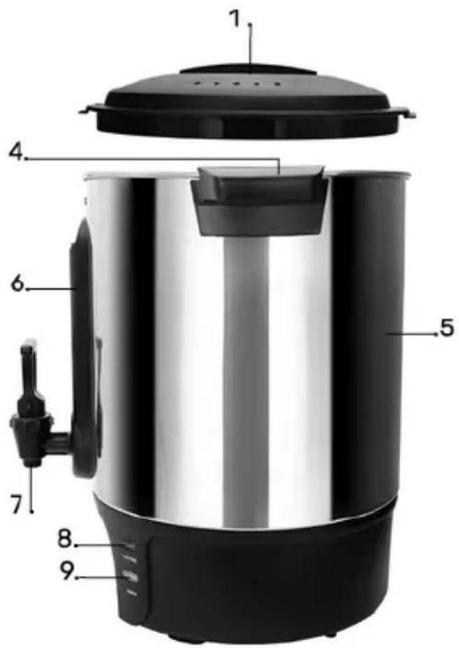 Labeled diagram of a coffee maker with numbered parts for identification