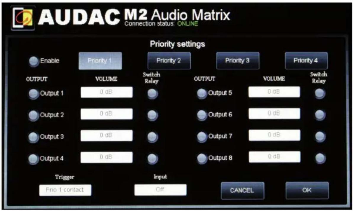 AUDAC M2 Audio Matrix Connection status: ONLINE Priority settings Enable Priority 1 Priority 2 Priority 3 Priority 4 OUTPUT VOLUME Switch Relay OUTPUT VOLUME Switch Relay Output 1 0 dB Output 5 0 dB Output 2 0 dB Output 6 0 dB Output 3 0 dB Output 7 0 dB Output 4 0 dB Output 8 0 dB Trigger Input Prio 1 contact Off CANCEL OK