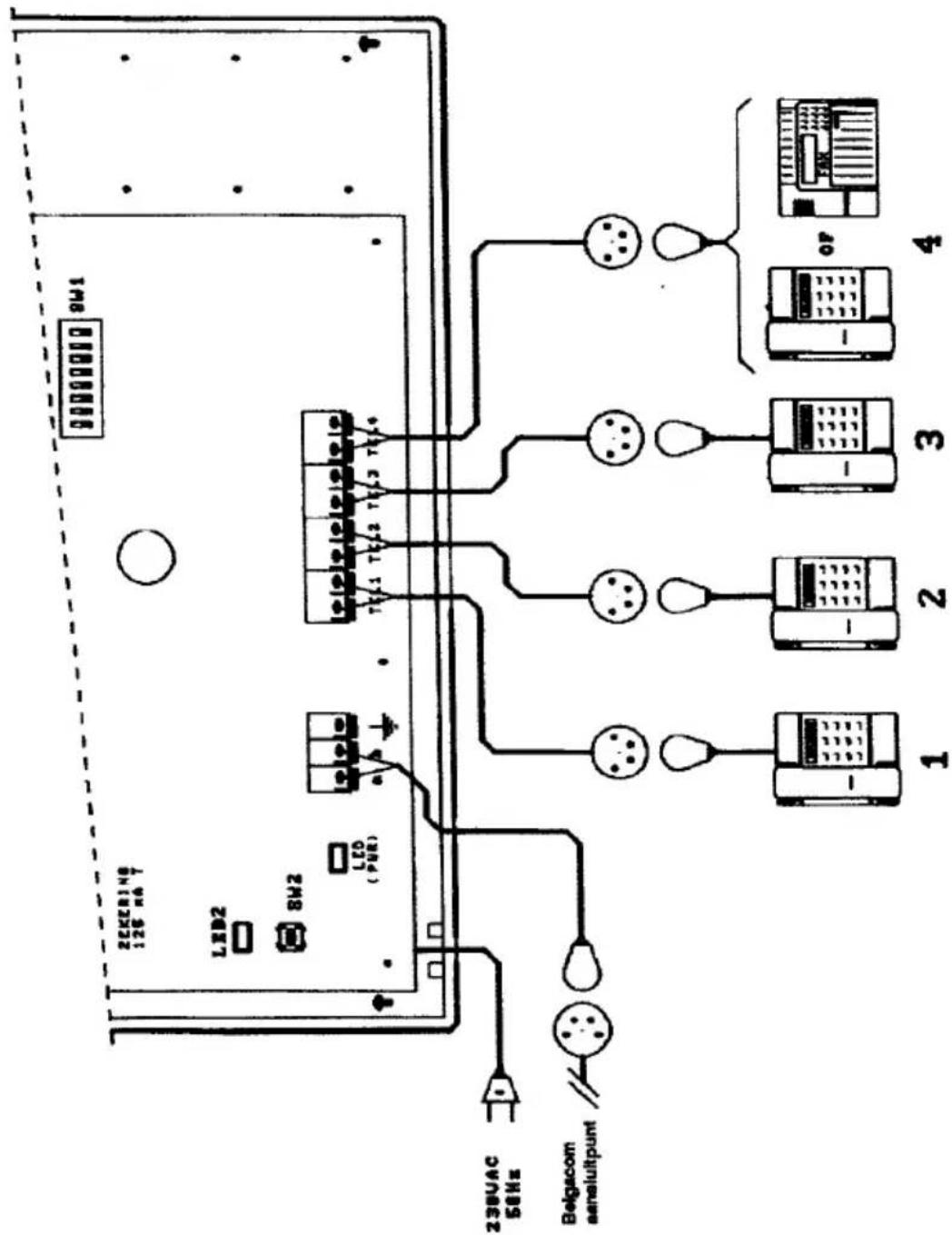 ZEKERING 126 mA T LED2 BW2 LED (PWR) 238VAC 50Hz Belgacom aansuitpunt 1 2 3 4 RW1 TWL1 TWL2 TWL3 TWL4 OP