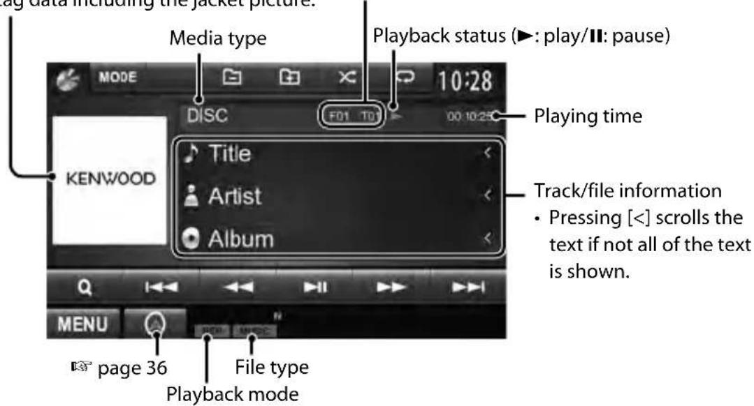 ag data including the jacket picture. Media type Playback status (►: play/II: pause) 10:28 MODE DISC F01 T01 00:10:25 Playing time KENWOOD Title Artist Album Track/file information • Pressing [<] scrolls the text if not all of the text is shown. MENU page 36 File type Playback mode