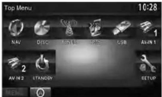 Top Menu 10:28 NAV DISC TUNER TNC USB AV-IN 1 AV-IN 2 STANDOY SETUP MENU
