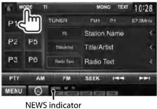 MODE TI MONO TEXT 10:28 P1 TUNER FM1 P1 07.5MHz P2 P5 Station Name < P3 P6 Title/Artist Title/Artist < Radio Text Radio Text < PTY AM FM SEEK MENU NEWS indicator
