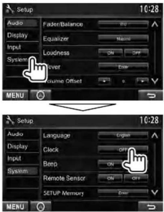 Setup Audio Fader/Balance Display Equalizer Input Loudness System Over Volume Offset MENU Setup Audio Language English Display Clock OFF Input Beep ON System Remote Sensor ON OFF SETUP Memory Driver MENU