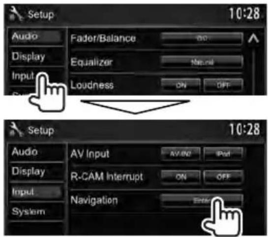 Setup Audio Display Input System Fader/Balance Equalizer Loudness AV Input R-CAM Interrupt Navigation AV INC ON OFF 10:28 Setup Audio Display Input System AV Input R-CAM Interrupt Navigation AV INC ON OFF 10:28
