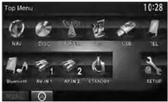 Top Menu 10:28 NAV DISC TURSU IRC USB TEL Bluetooth AV-IN 1 AV-IN 2 STANDGY SETUP