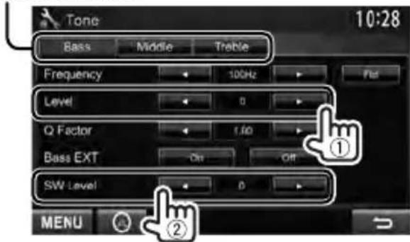 Tone 10:28 Bass Middle Treble Frequency 100Hz Flat Level 0 Q Factor 1.00 Bass EXT Off Off SW Level 0 ① ② MENU