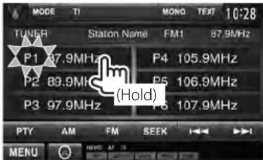 MODE TI MONO TEXT 10:28 TUNER Station Name FM1 87.9MHz P1 87.9MHz P4 105.9MHz P2 89.9MHz P5 106.9MHz P3 97.9MHz (Hold) P8 107.9MHz PTY AM FM SEEK MENU